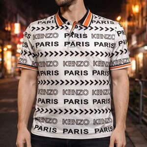 Kenzo Paris Polo Shirt Men XL Slim Multi Color Logo Hit All Over‎ Pattern Print